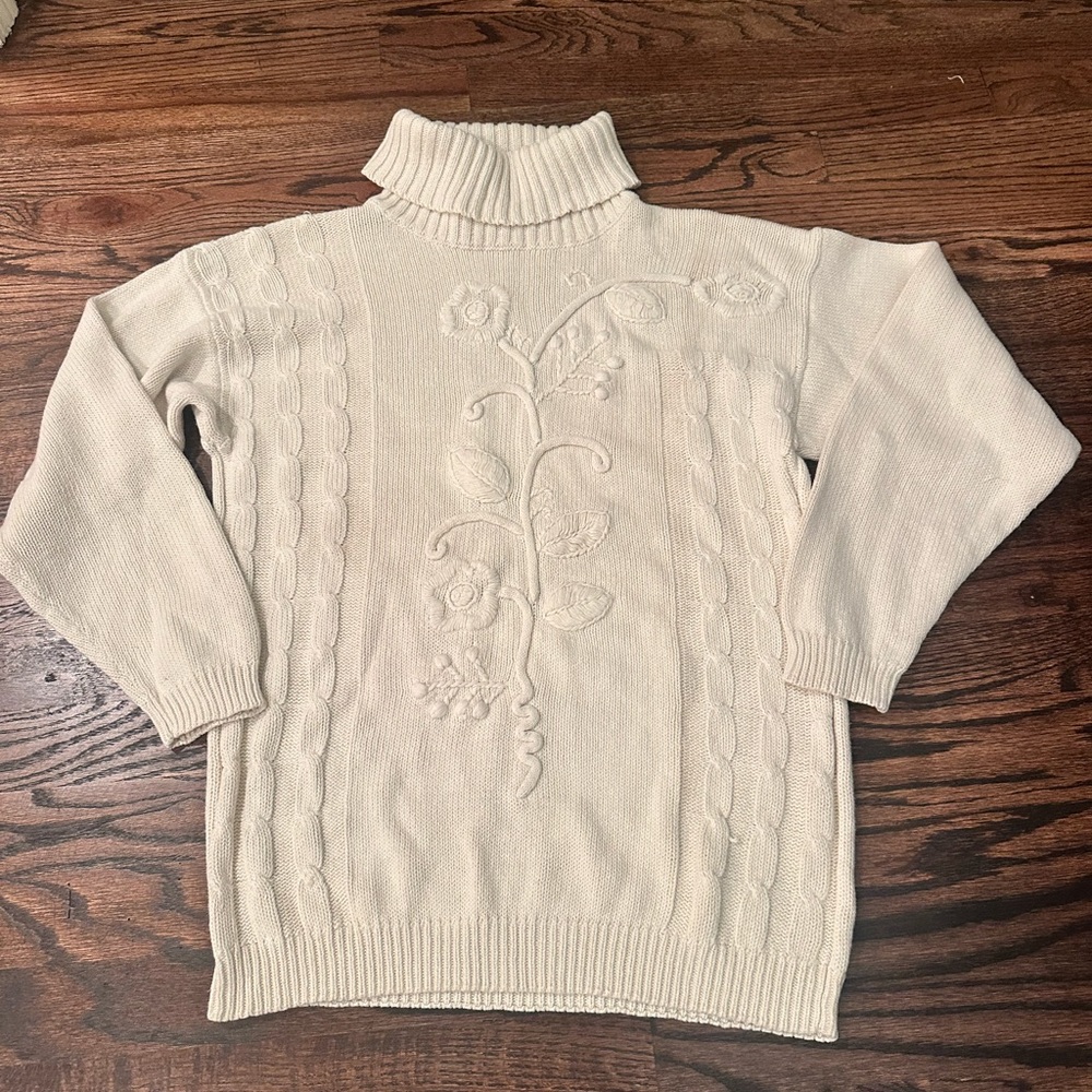 Vintage 1990s Anne Klein Knit Cable Sweater – Cream Floral Embroidered – Size M